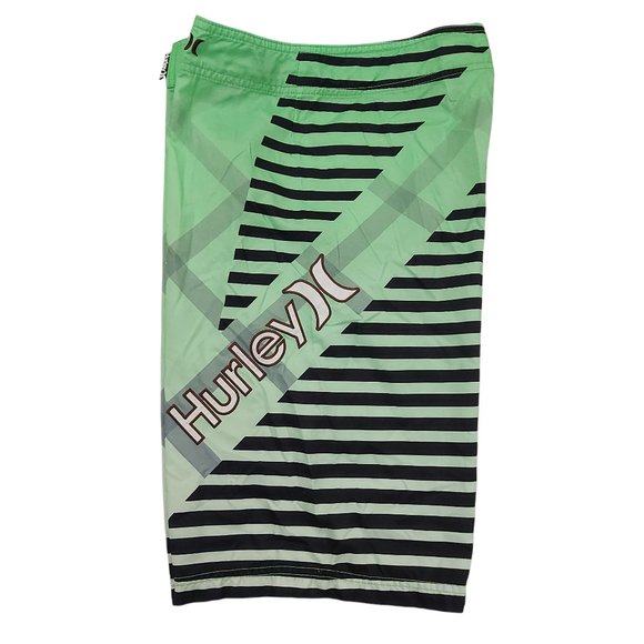 Hurley Board Shorts Mens 30 Green Drawstring Striped Swim Surf Summer Beach - Picture 3 of 8